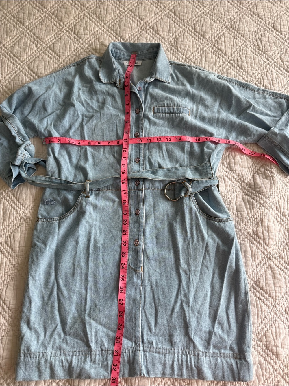 LACOSTE Light Blue Denim Belted Dress with Collar Sz 36 Long Sleeves Denim Mini - Picture 8 of 10